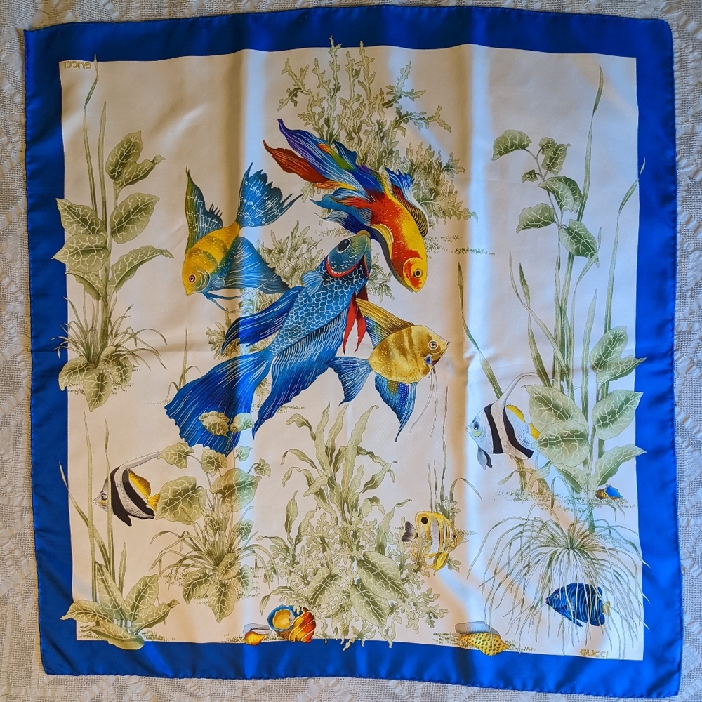 Vintage Gucci 1990s Silk Scarf Tropical Fish